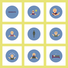 Collection of stylish vector icons in colorful circles symptoms of meningitis