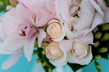 The bride's bouquet of soft pink peonies and white roses . Wedding floristry. Classic form