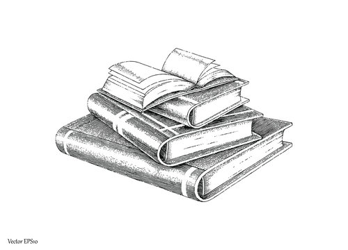 Books stack hand drawing vintage style black and white line