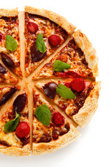 Pizza with plums and strawberries on white background