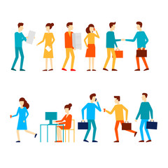 Business characters. Co working people, meeting, teamwork, collaboration and discussion, conference table, brainstorm. Workplace. Office life. Flat design vector illustration.
