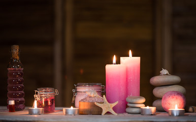 composition of spa treatment on white wooden