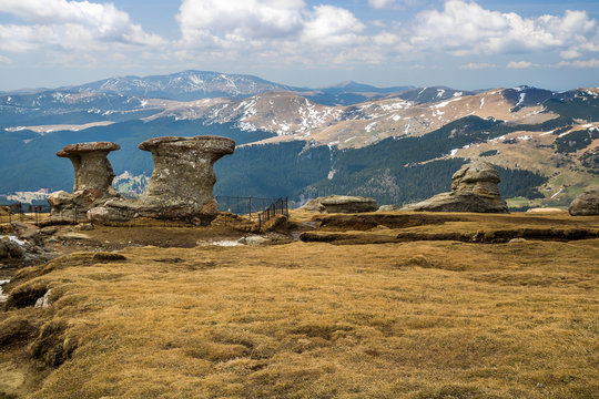 The Babele - beautiful rock formations in Bucegi National park, Romania.  Discover Romania concept.