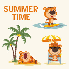 Obraz na płótnie Canvas Summer time. Set happy tiger resting on beach. Collection cartoon tiger surfing, laying under palm tree, resting in sun lounger with cocktail.