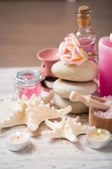 composition of spa treatment on white wooden