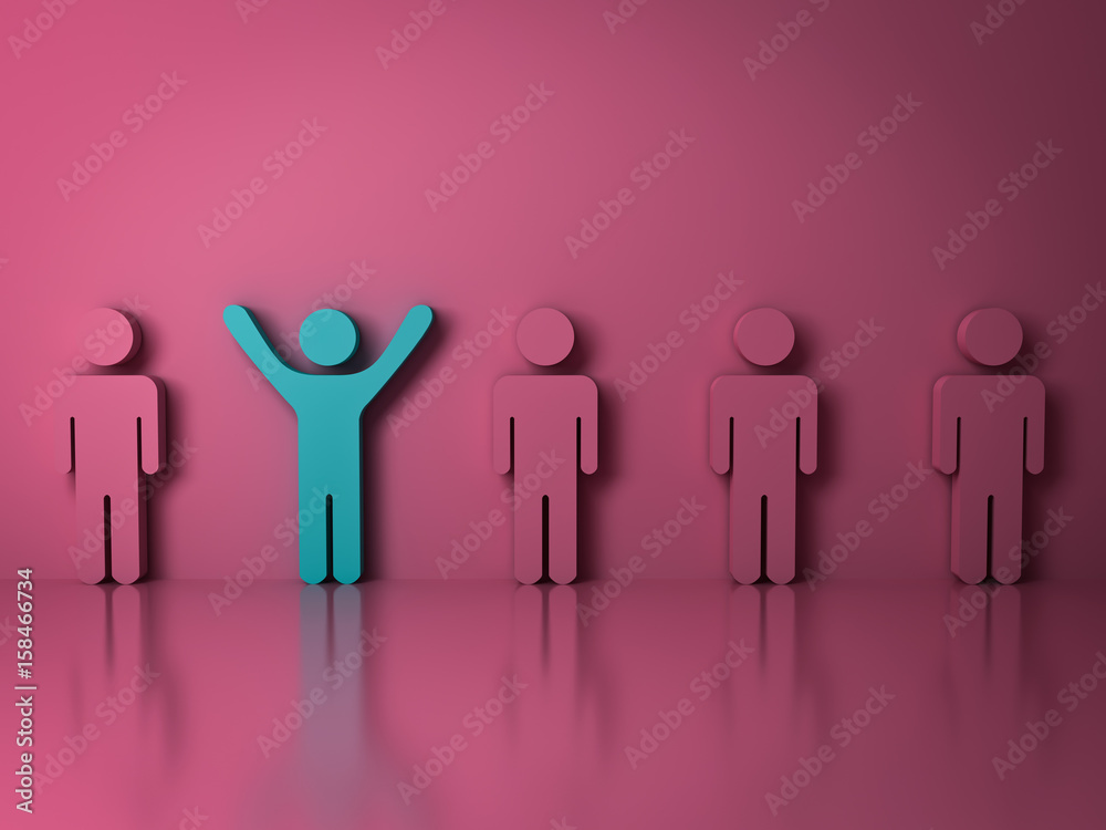 Aufkleber Stand out from the crowd and different creative idea concepts , One green man standing with arms wide open among other people on pink background with reflections and shadows . 3D rendering.