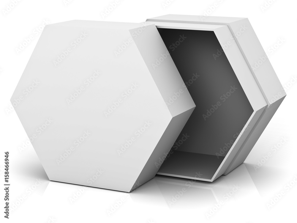 Poster Open hexagon box with blank lid cover isolated on white background with reflection and shadow. 3D rendering.