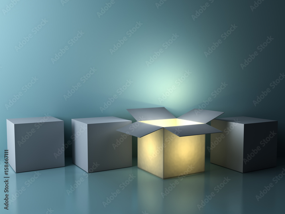 Poster Stand out from the crowd , different creative idea concepts , One luminous opened box glowing among closed white square boxes on dark green background with reflections and shadows. 3D rendering.