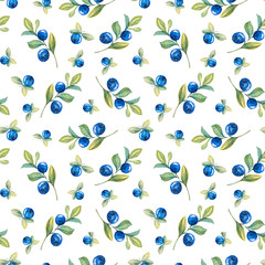 Beautiful watercolor seamless pattern with bilberry twigs and fresh berries on white background