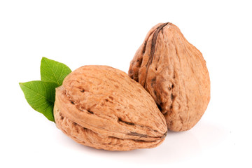 Walnuts with leaf isolated on white background