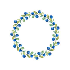 Beautiful watercolor wreath of bilberry twigs and fresh berries on white background