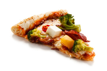 Pizza pepperoni with broccoli and white cheese on white background