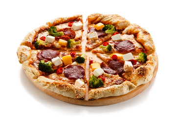 Pizza pepperoni with broccoli and white cheese on white background