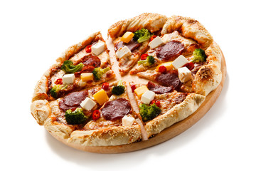 Pizza pepperoni with broccoli and white cheese on white background