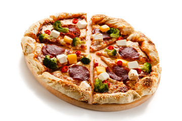 Pizza pepperoni with broccoli and white cheese on white background