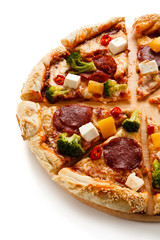 Pizza pepperoni with broccoli and white cheese on white background