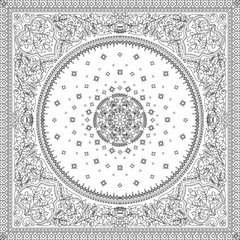 Victorian floral paisley medallion ornamental rug vector. Ethnic mandala towel frame. Vintage flower tile. Black and white. Textile, greeting business card, coloring book, phone case print