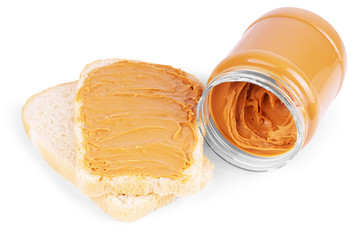 peanut butter on a slice of Toast. Isolated on a white background