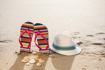 Colorful flip flops, hat and shells on the sandy beach. Vacation concept