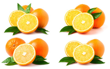 orange with leaves isolated on white background. Set or collection