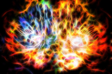 Abstract woman with feather mask . Goddess woman in cosmic space. Fractal effect.