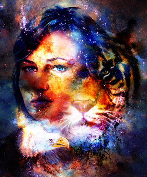 Goodnes woman and tiger and eagle. Cosmic Space background.