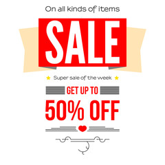 Fototapeta premium Sale vintage text banner. Ready to print and use in advertising of products and the best deals composition. Selling banner on a white background with fifty percent discount.