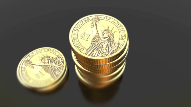 Shiny dollar coins stack in blurred animated camera view. Computer generated 4K video.
