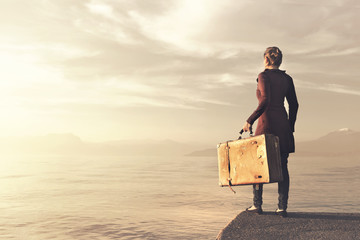 Dreaming woman imagines and dreams of her journey