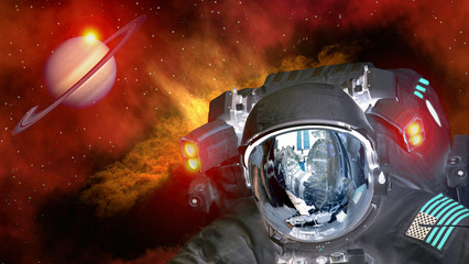 Fototapeta na wymiar Astronaut planet Saturn spaceman helmet ufo space martian alien et extraterrestrial. Elements of this image furnished by NASA.