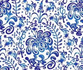 Traditional russian vector seamless pattern in Gzhel style.Hand drawn tracery.Pastiche of famous blue ornament painting