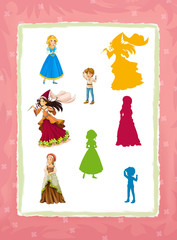 cartoon page with medieval characters queen or princess and young boy / game with shapes