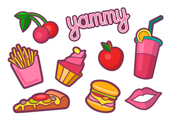 Vector colorful quirky patches set. Pin trendy decoration labels for denim and textile. Vintage hippie style badges.