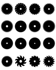 Black silhouettes of different circular saw blades, vector