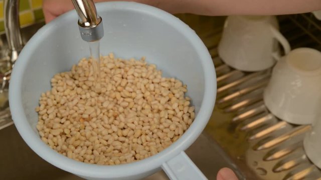 Wash the nuts in the colander in the kitchen.
