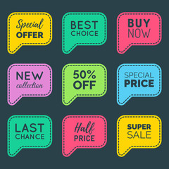 Obraz premium Vector hand drawn set of speech bubbles with sale phrases. Discount card collection, Buy Now,Half Price,Last Chance etc.