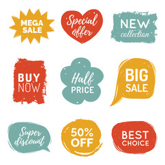 Vector set of comic speech bubbles Sale stickers. Discount card collection, Buy Now, Special Offer, Best Choice etc.