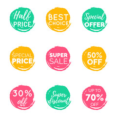 Vector hand drawn set of speech bubbles with sale phrases. Discount card collection, Buy Now,Half Price,Last Chance etc.