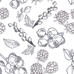 Fototapeta premium Vector seamless pattern with fruits. Blueberry, blackberry and currant background. Hand drawn elements