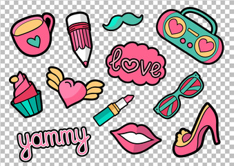 Vector colorful quirky patches set. Pin trendy decoration labels for denim and textile. Vintage hippie style badges.