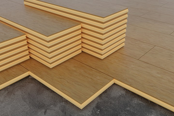 3D rendering of stacks of wooden timber planks on the wooden floor