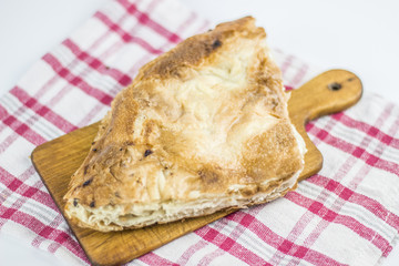 Cheese burek composition on white background