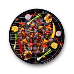 Fresh skewers placed on grill, isolated on white background