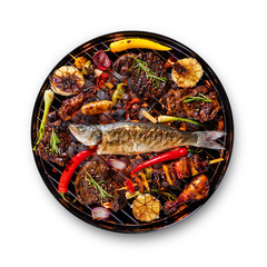 Many kinds of meat placed on grill, isolated on white background