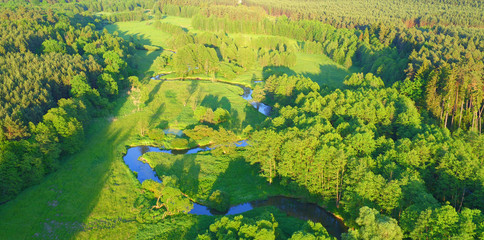 Aerial view of river valley in beautiful sunset light