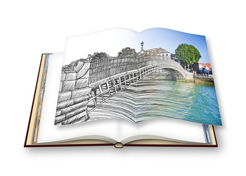 The most famous bridge in Dublin called "Half penny bridge" - freehand sketch concept image - 3D render of an opened photo book - I'm the copyright owner of the images used in this 3D render.