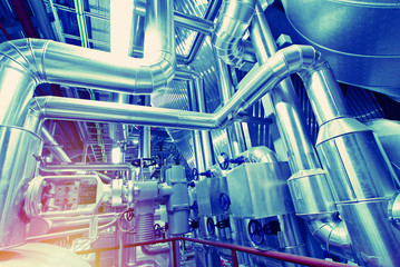 Industrial zone, Steel pipelines in blue tones