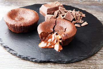 Delicious chocolate cakes on wooden background chocolate brownie