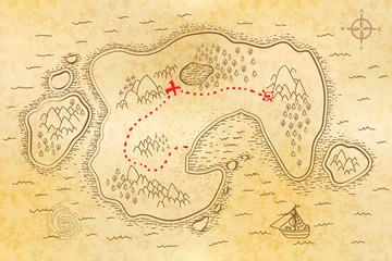 Ancient pirate map on old paper with red path to treasure - 158476127