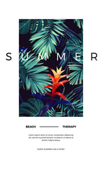 Fototapeta premium Floral vertical postcard design with guzmania flowers, monstera and royal palm leaves. Exotic hawaiian vector background.